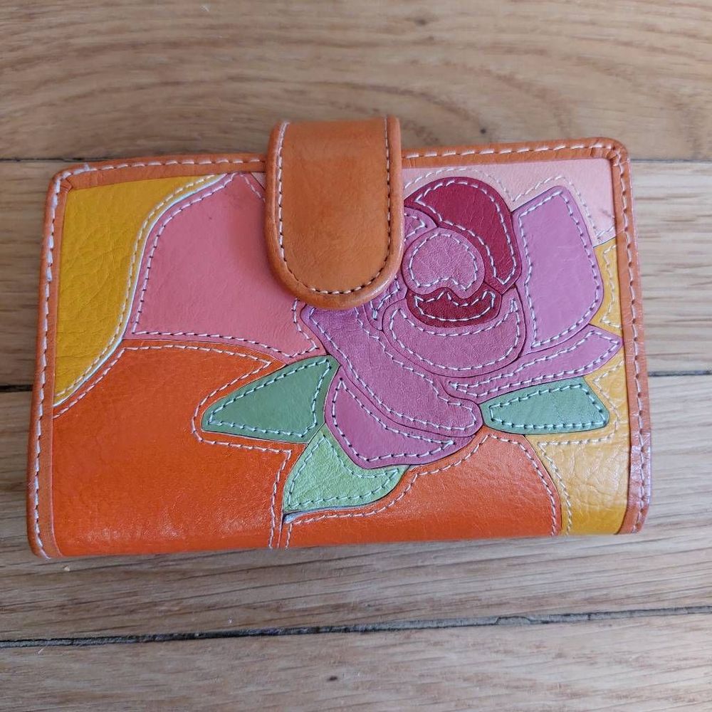 Floral Fossil Wallet, Genuine Leather Bi-Fold EUC